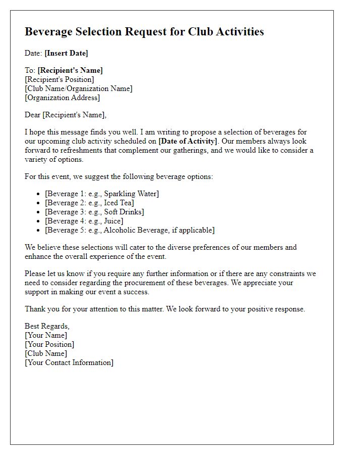 Letter template of Beverage Selection Request for Club Activities