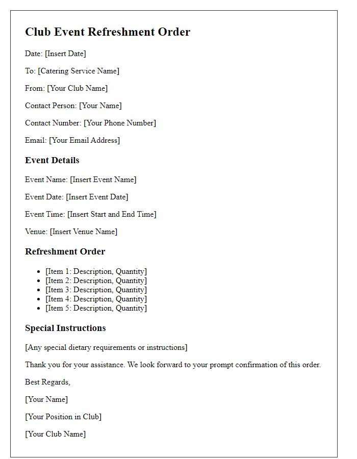 Letter template of Club Event Refreshment Order