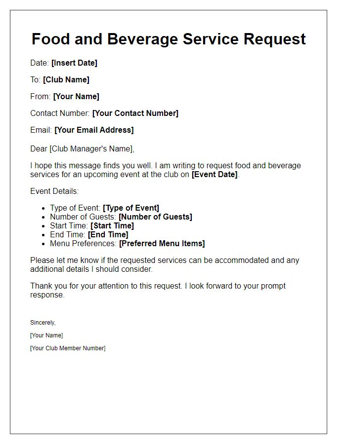 Letter template of Club Food and Beverage Service Request