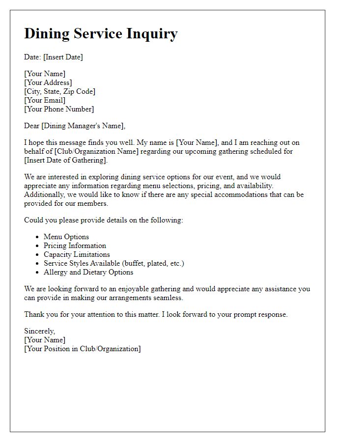 Letter template of Dining Service Inquiry for Club Gatherings