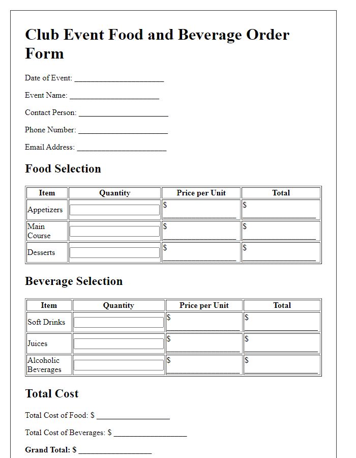 Letter template of Food and Beverage Order Form for Club Events