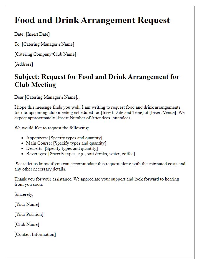 Letter template of Food and Drink Arrangement Request for Club Meetings