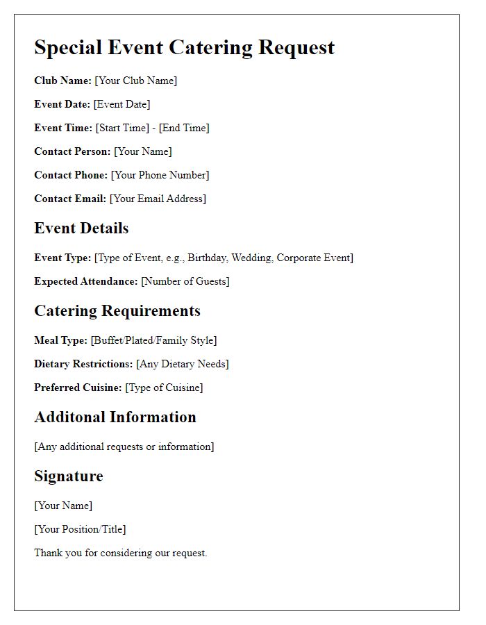 Letter template of Special Event Catering Request for Club