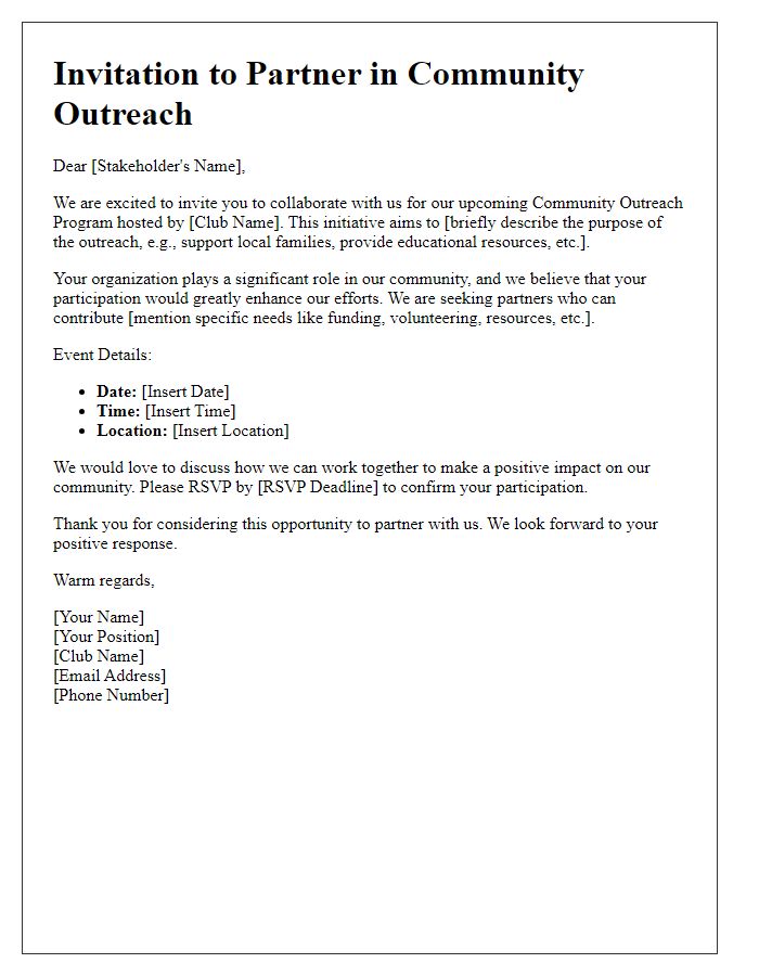 Letter template of club community outreach invitation for stakeholders