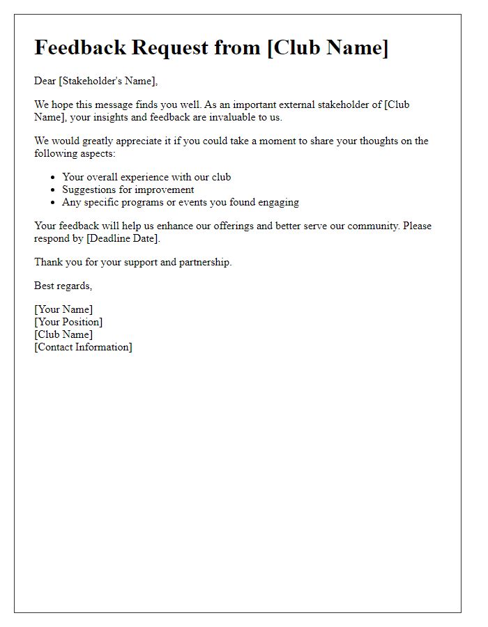 Letter template of club feedback request for external stakeholders