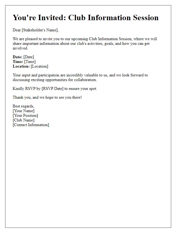 Letter template of club information session invitation for stakeholders