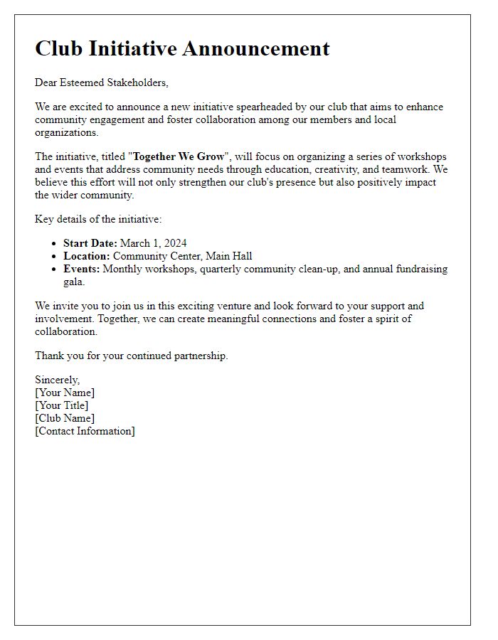 Letter template of club initiative announcement for stakeholders