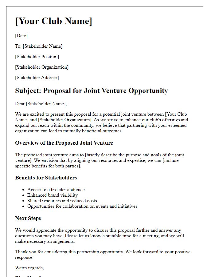 Letter template of club joint venture proposal for stakeholders