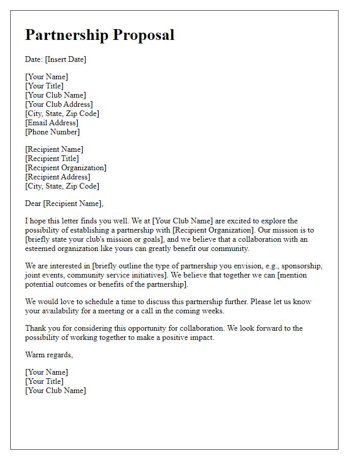 Letter template of club partnership proposal for external stakeholders