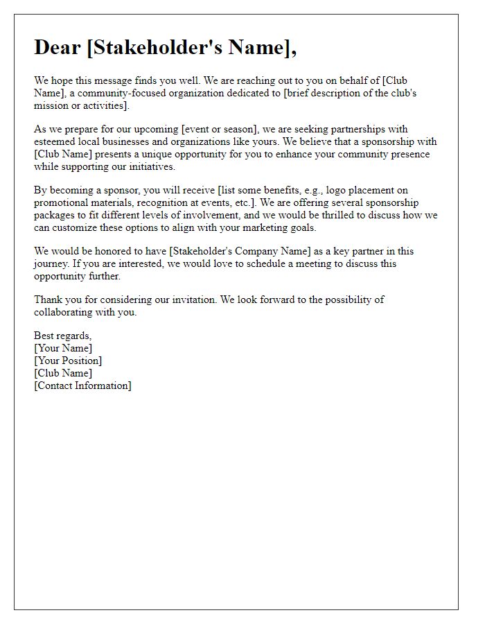 Letter template of club sponsorship invitation for potential stakeholders