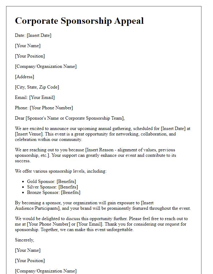 Letter template of corporate sponsorship appeal for annual gathering.