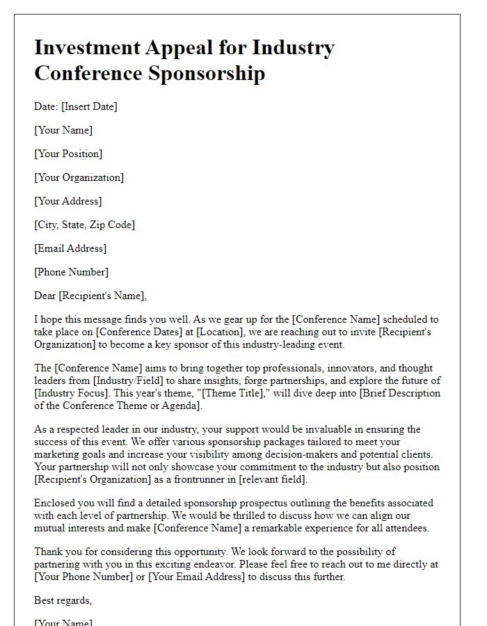 Letter template of investment appeal for industry conference sponsorship.