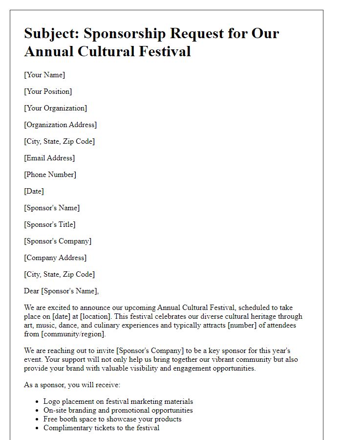 Letter template of promotional sponsorship request for cultural festival.