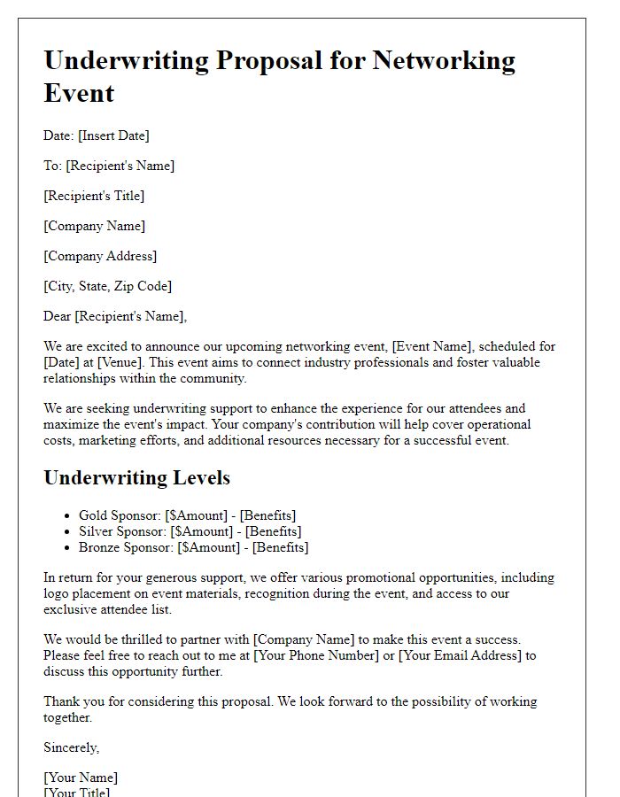 Letter template of underwriting proposal for networking event.