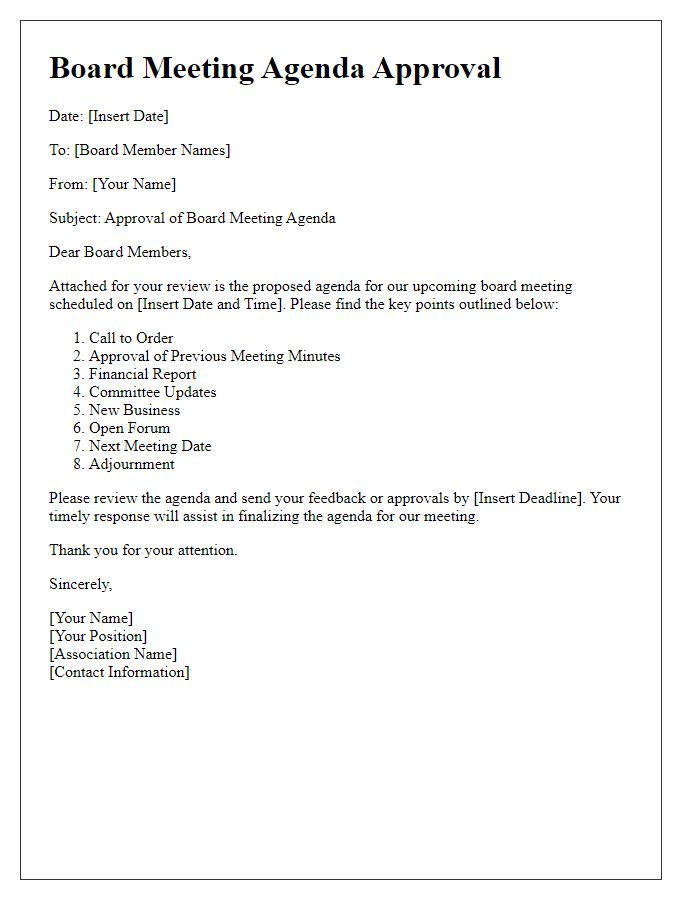 Letter template of association board meeting agenda approval