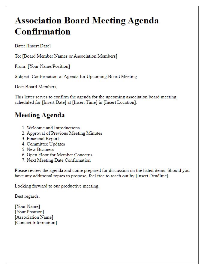 Letter template of association board meeting agenda confirmation