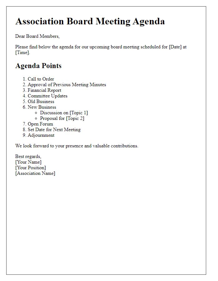 Letter template of association board meeting agenda discussion points