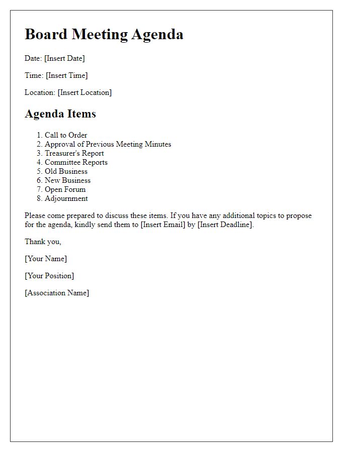 Letter template of association board meeting agenda distribution