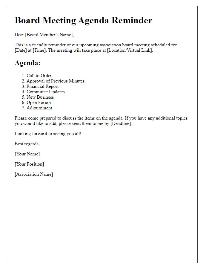 Letter template of association board meeting agenda reminder