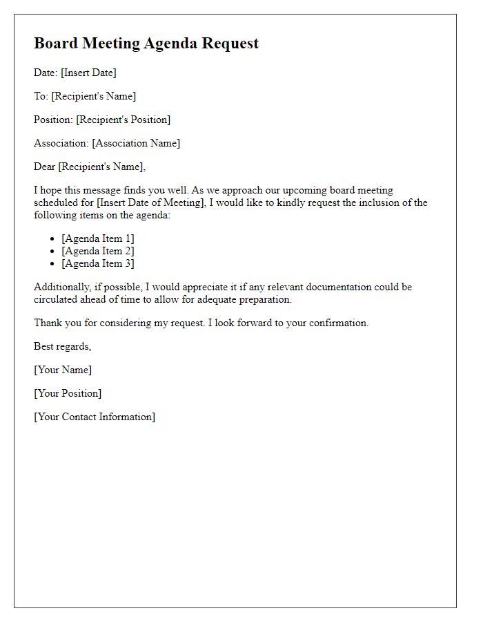 Letter template of association board meeting agenda request