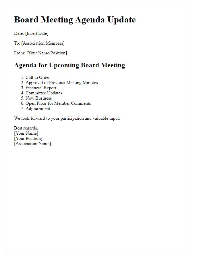 Letter template of association board meeting agenda update