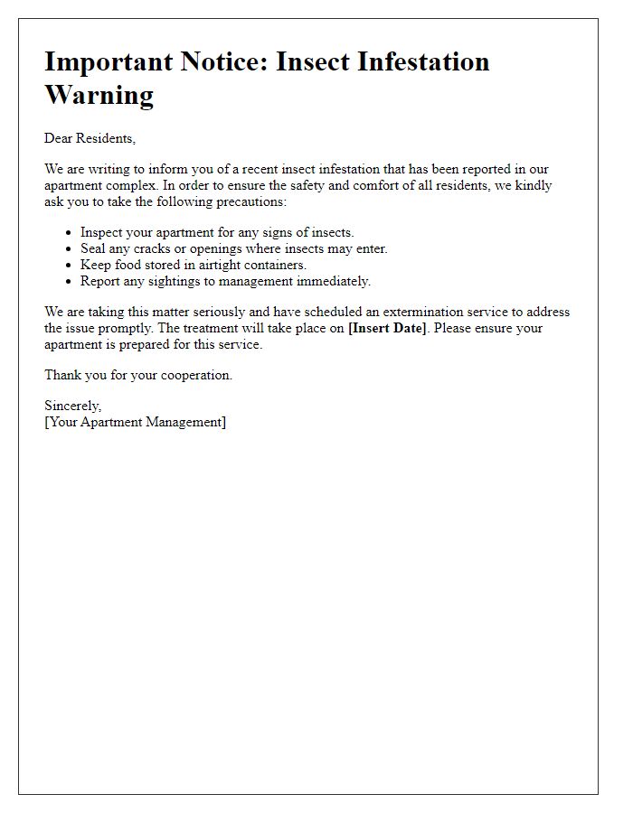 Letter template of insect infestation warning for apartment dwellers