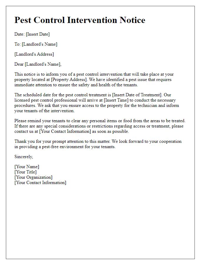 Letter template of pest control intervention notice for landlords