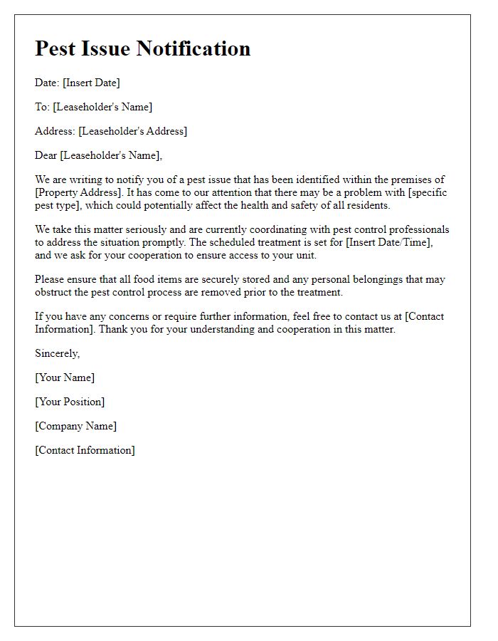 Letter template of pest issue notification for leaseholders