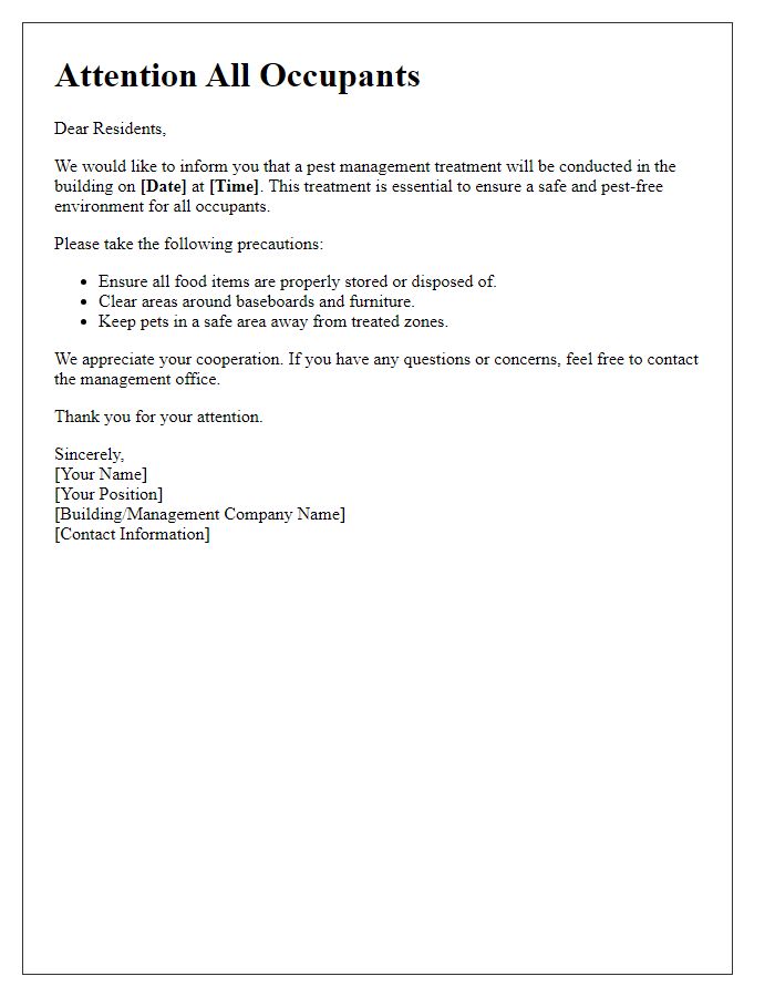 Letter template of pest management announcement for occupants