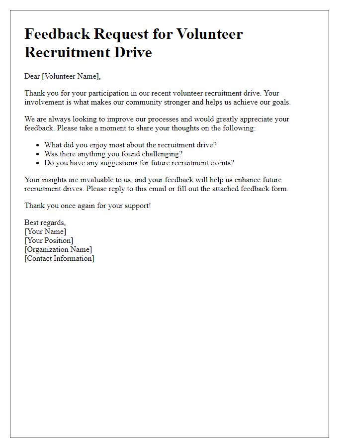 Letter template of feedback request post-association volunteer recruitment drive