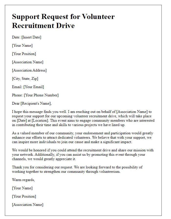 Letter template of support request for association volunteer recruitment drive