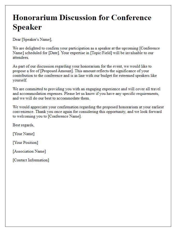 Letter template of honorarium discussion for association conference speaker