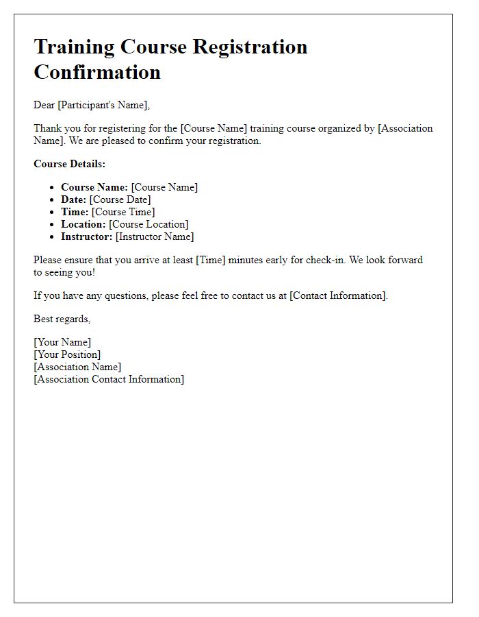 Letter template of association training course registration confirmation