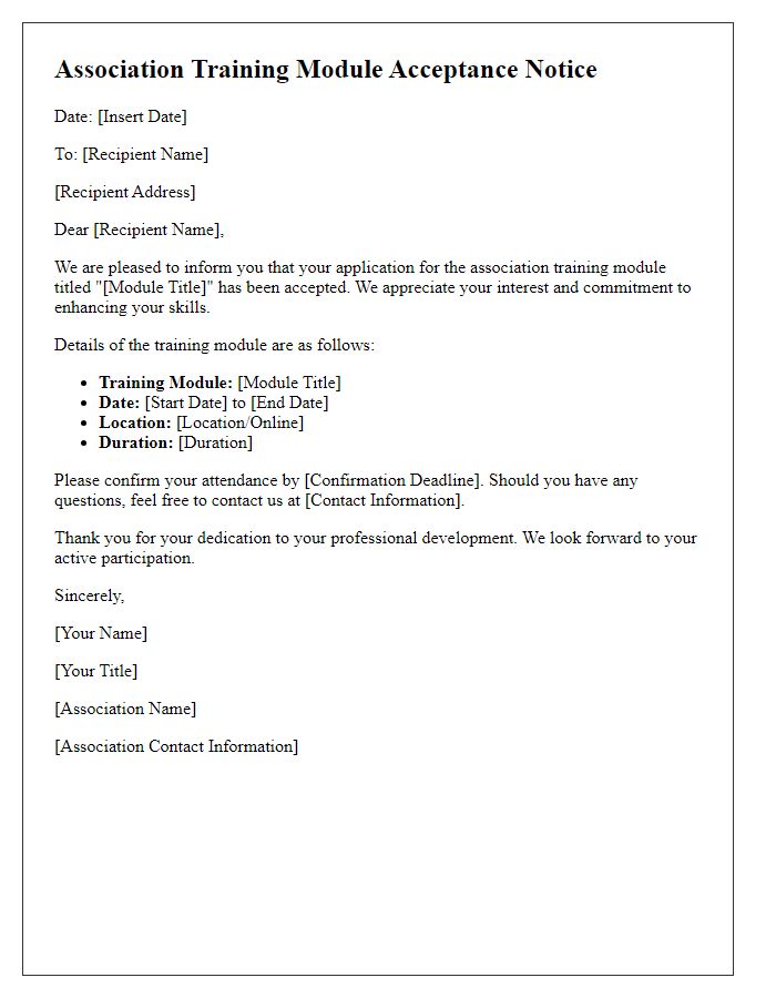 Letter template of association training module acceptance notice