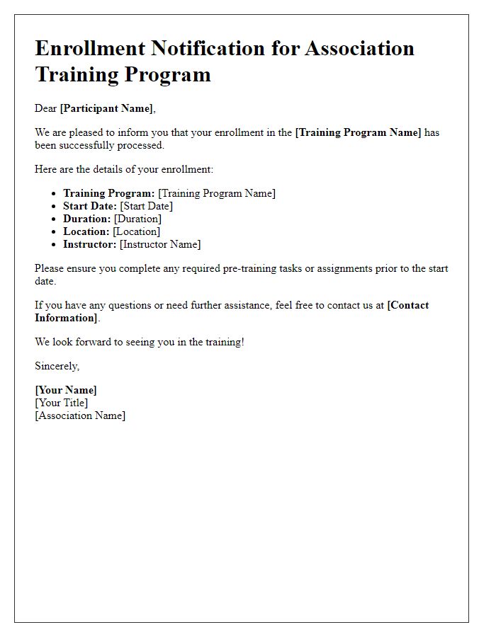 Letter template of association training program enrollment notification