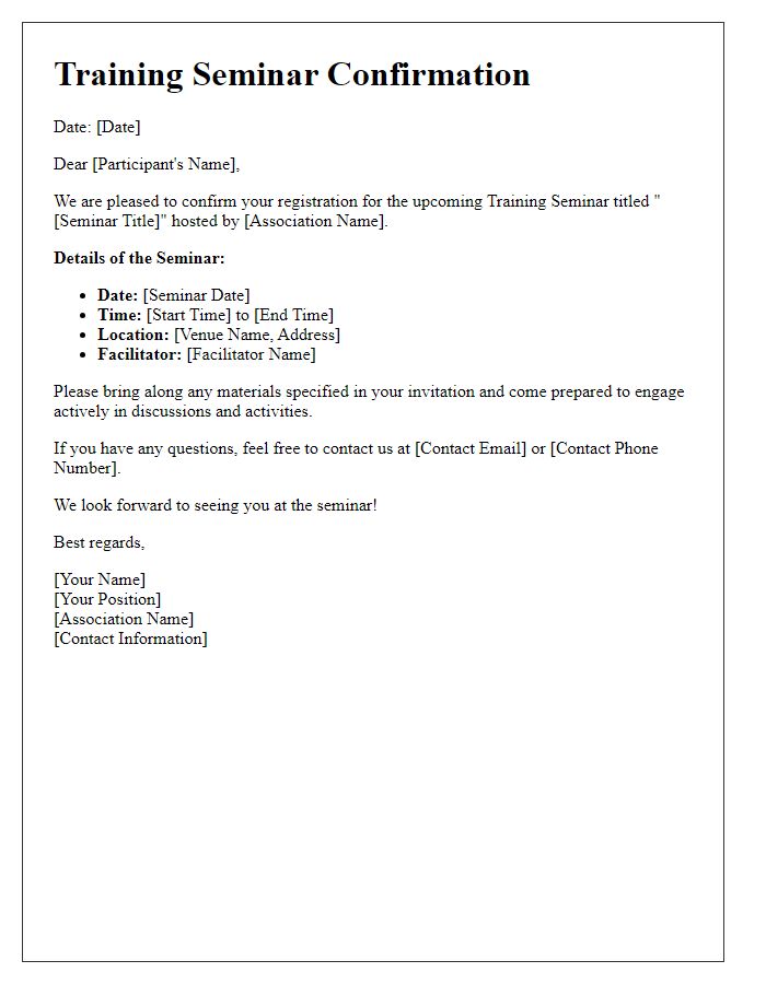 Letter template of association training seminar confirmation