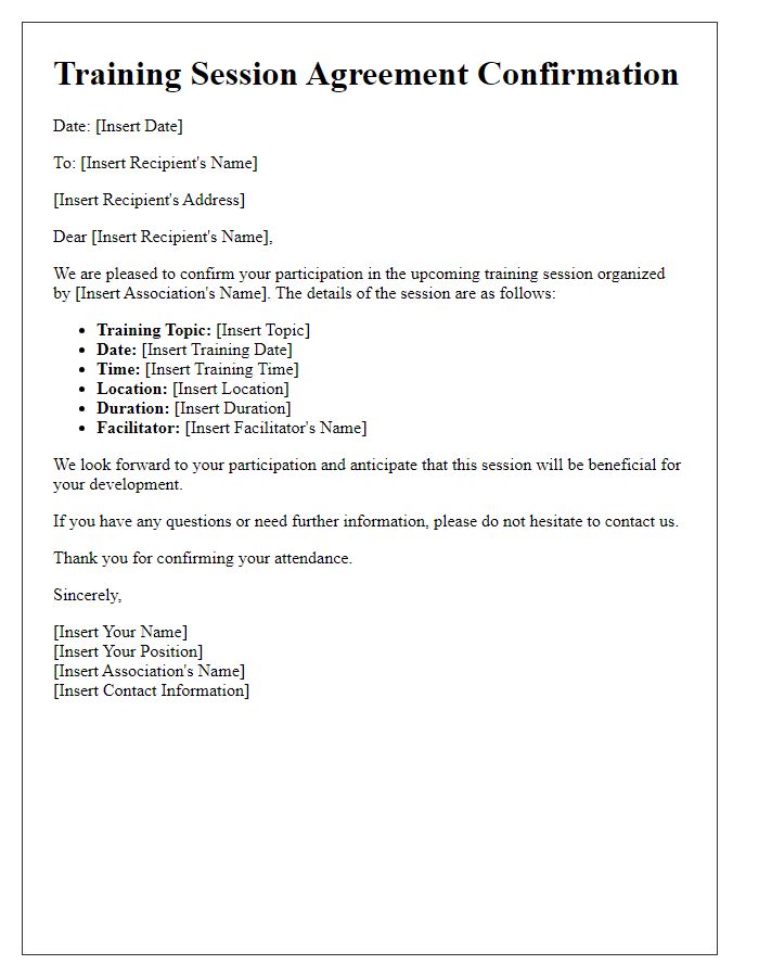 Letter template of association training session agreement confirmation