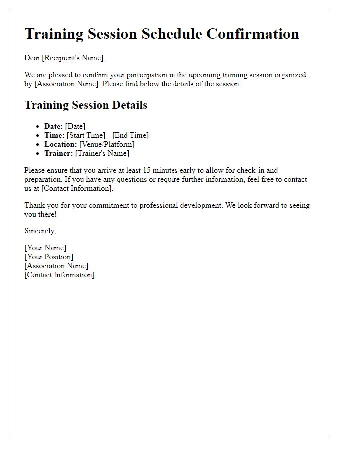 Letter template of association training session schedule confirmation