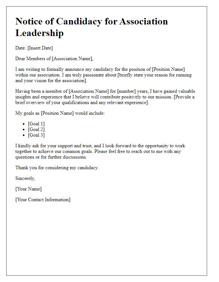 Letter template of association leadership candidacy notice