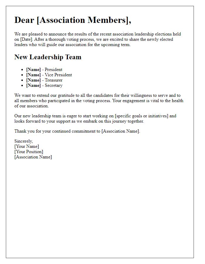 Letter template of association leadership results announcement