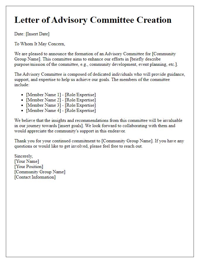 Letter template of advisory committee creation for community group