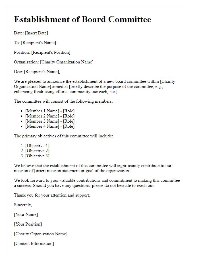 Letter template of board committee establishment for charity organization