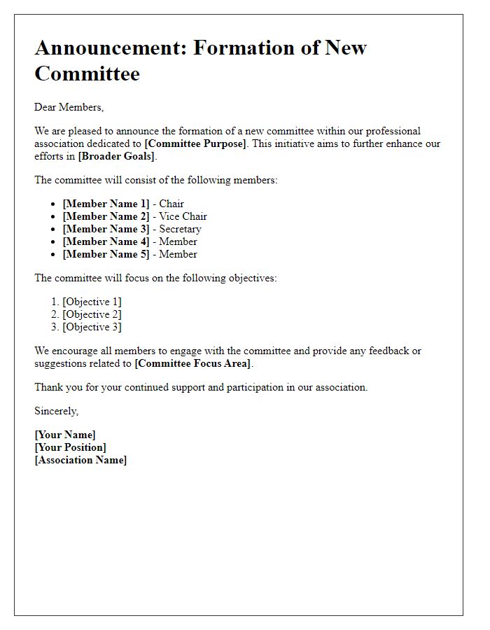 Letter template of committee formation announcement for professional association