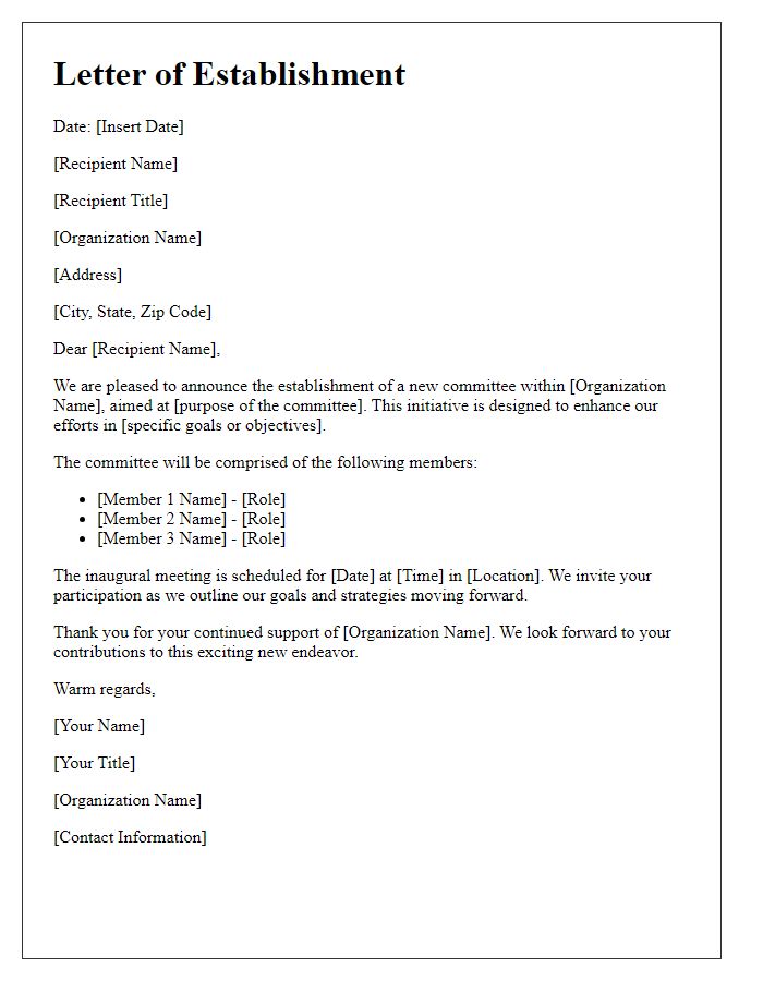 Letter template of new committee establishment for non-profit organization