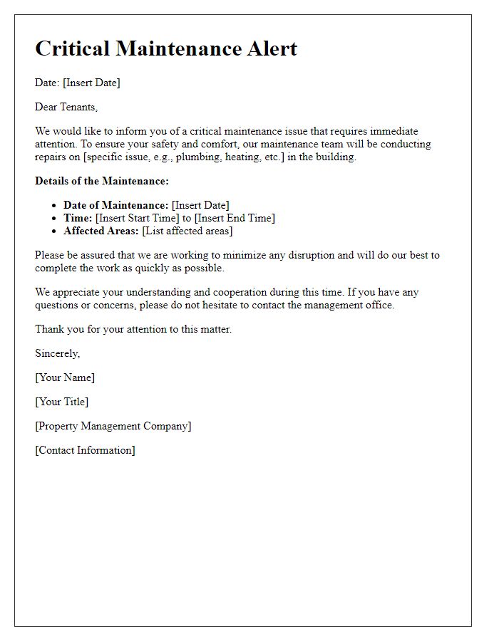 Letter template of critical maintenance alert for tenants