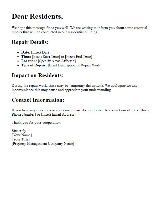 Letter template of essential repair information for residents