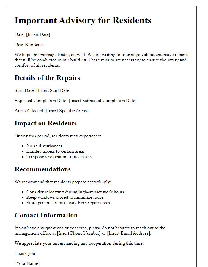 Letter template of extensive repair advisory for residents