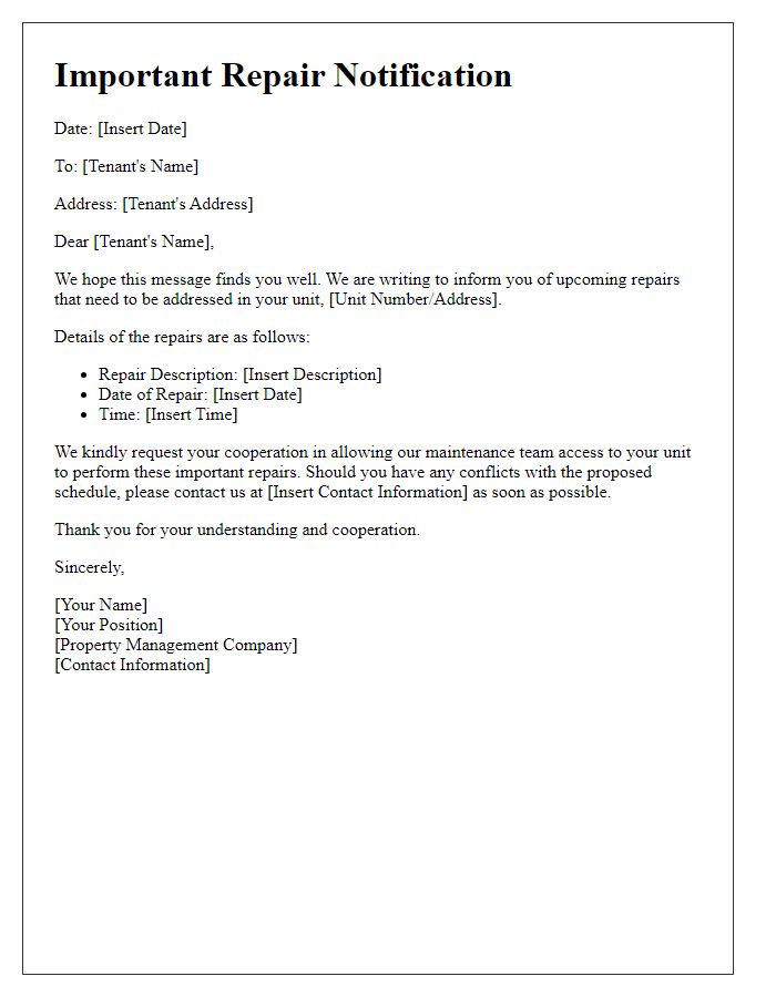 Letter template of important repair communication for renters