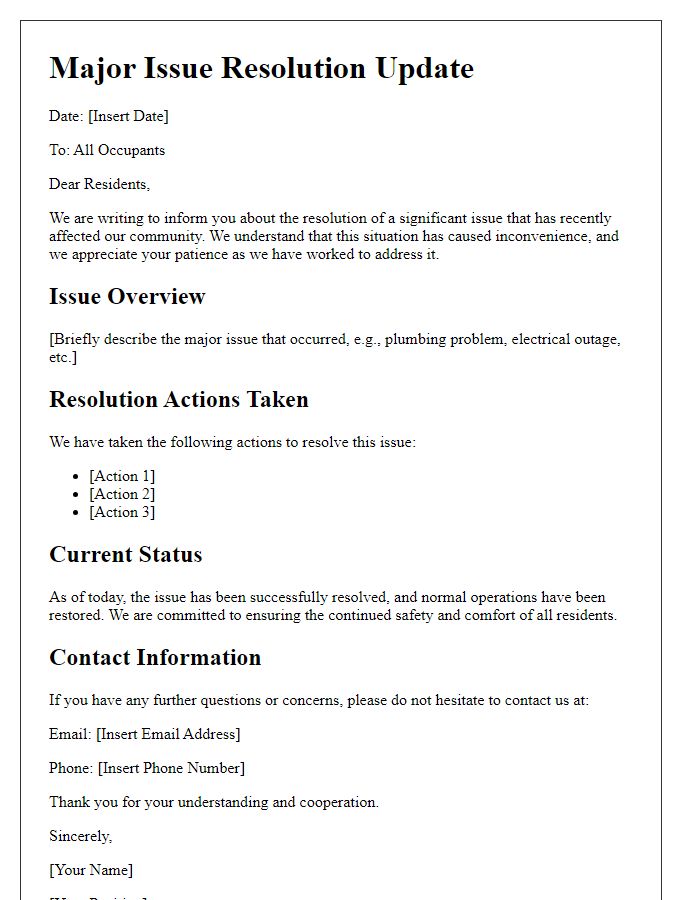 Letter template of major issue resolution for occupants