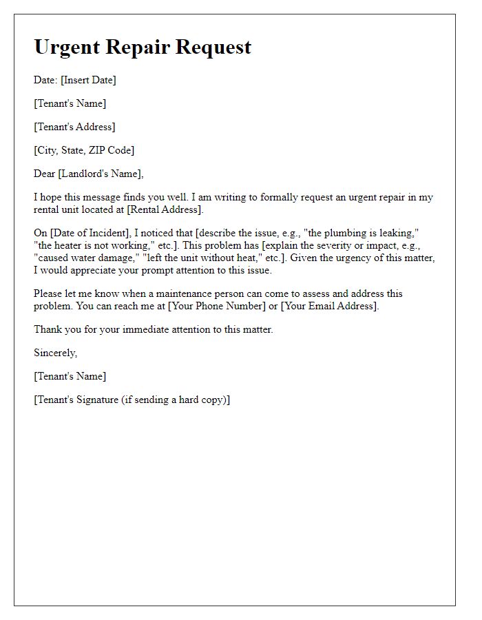 Letter template of urgent repair request for tenants